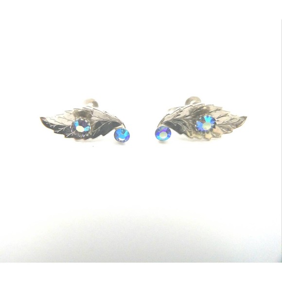 Vintage Aurora Borealis Leaf Earrings – Screw Back Earrings - Vintage Leaves - Picture 6 of 6